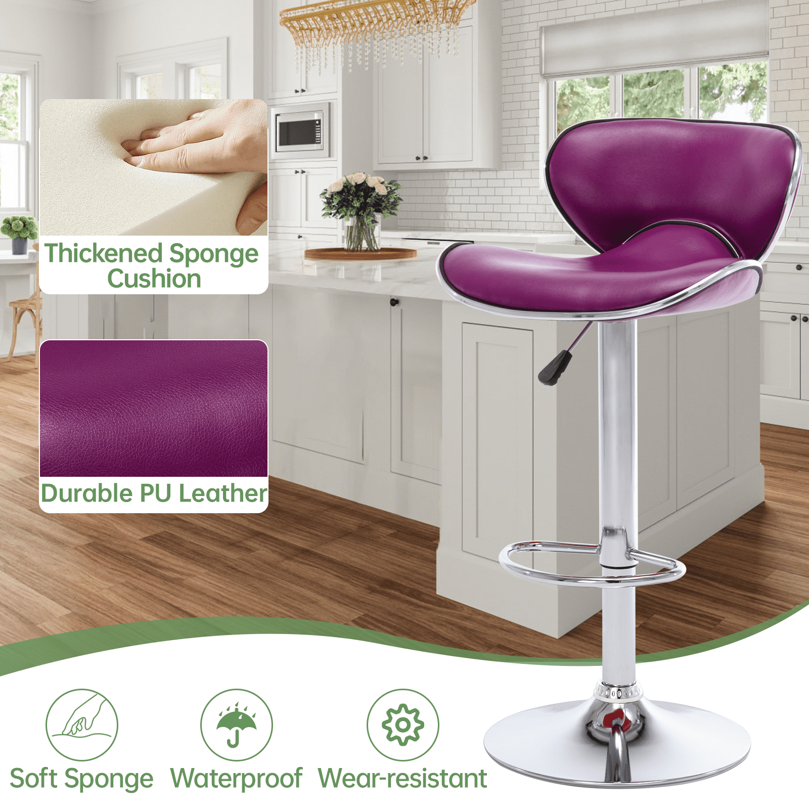 Bar Stools Set of 2, Adjustable Swivel Barstools, Modern PU Leather Counter Height Stools with Back and Footrest for Island, Dining, Bistro, Pub (Purple)