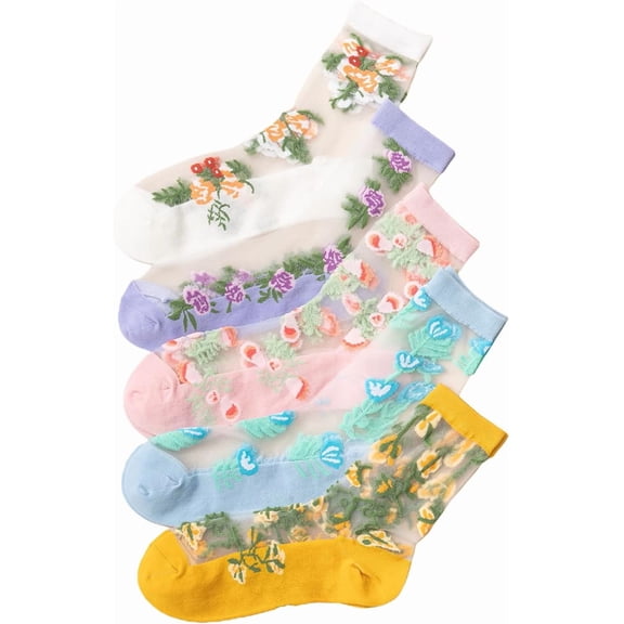 CHUNTIAN Women's 4 Pairs Sheer Mesh Flower Patterned Thin Casual Crew Socks Transparent Cute Summer Socks