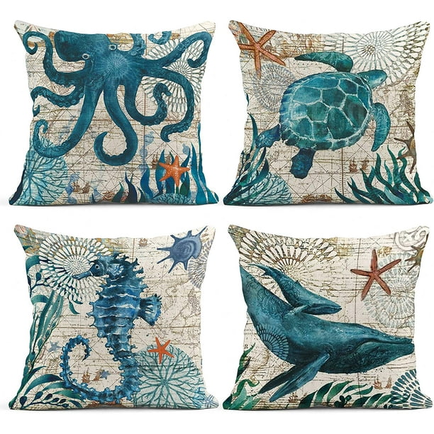 Blue Fish Design Pillow Cover, Ocean & Sea Life Cushion Cover