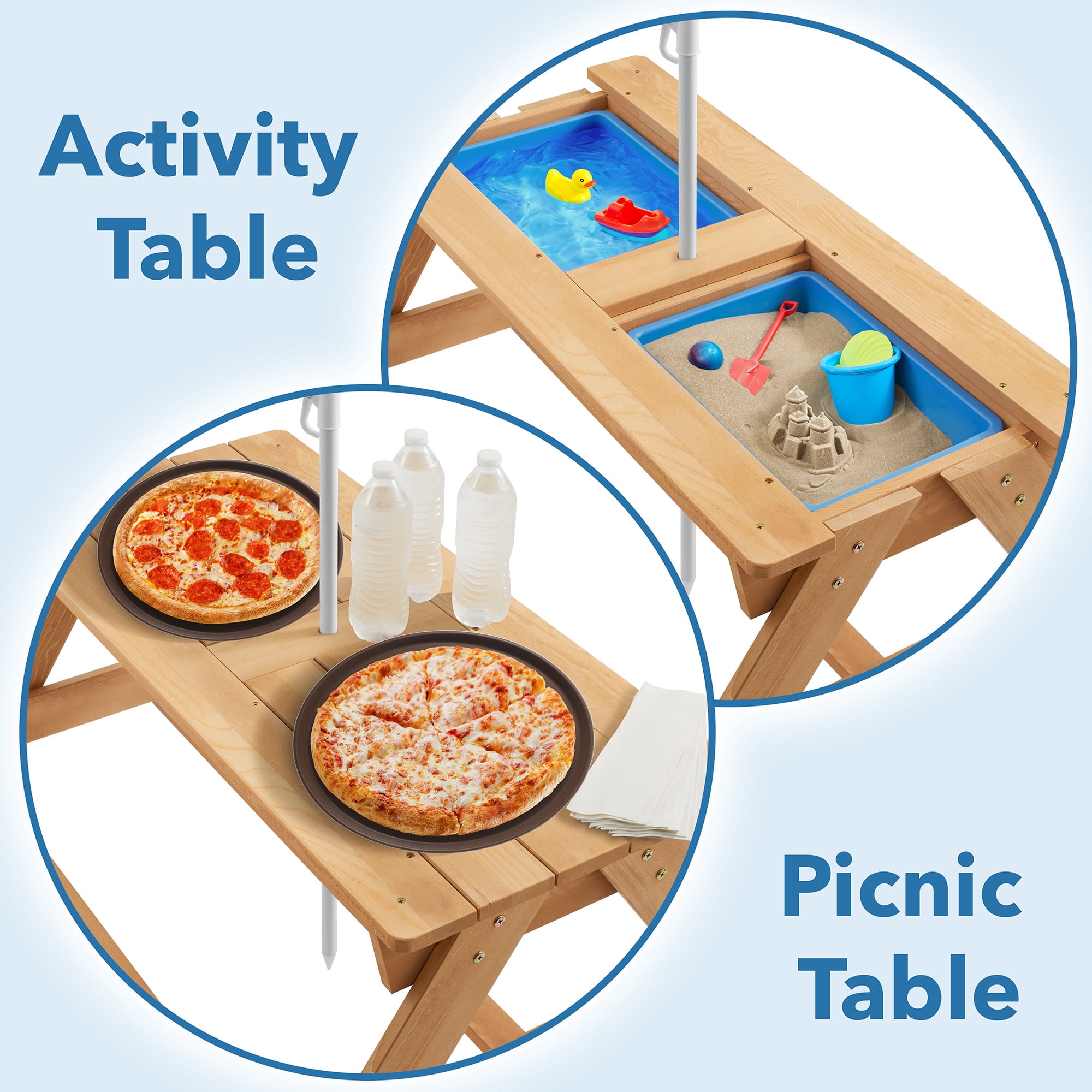Children's Sand and Water Activity Table, 3-in-1 Wooden Outdoor Picnic Table with Umbrella and Play Boxes
