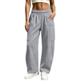 thumbnail image 2 of Bzdzmqm Women's Elastic Waist Cargo Pants with Pockets Wide Leg Casual Streetwear Lounge Long Pants Vacation Travel Trousers Fashion Summer Clothes, Gray L, 2 of 7