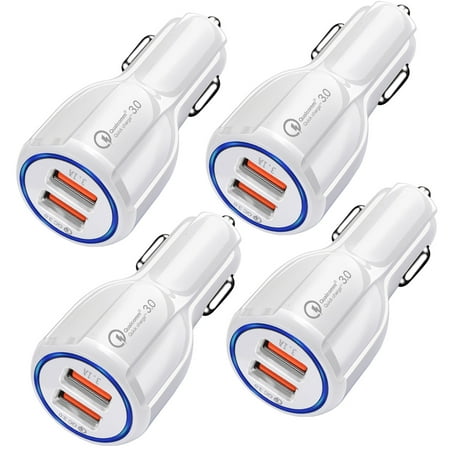 Car Charger, 4-Pack QC3.0 Fast Charge Dual Port USB Cargador Carro Lighter Adapter for iPhone 13 12 11 Pro Max X XR XS Max 8 Plus 7s 6s, iPad, Samsung Galaxy S21 S10 Plus S7 j7 S10e S9 Note 8, LG, GPS