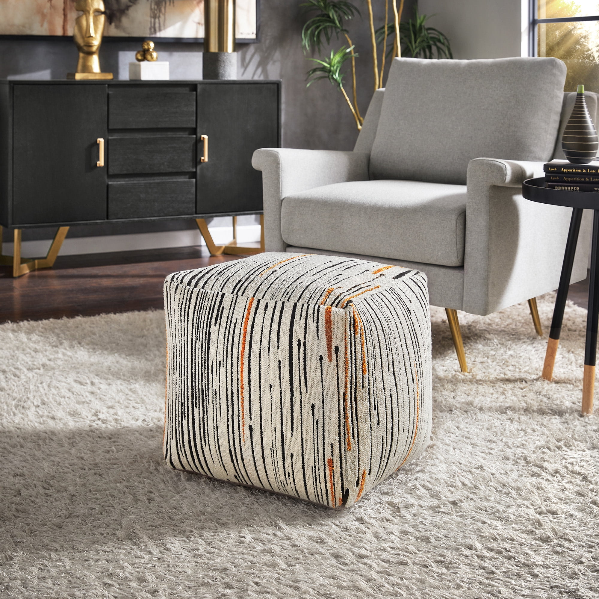 Weston Home Dinant Upholstered Square Pouf Ottoman, Brown Tone Stripe Pattern Fabric