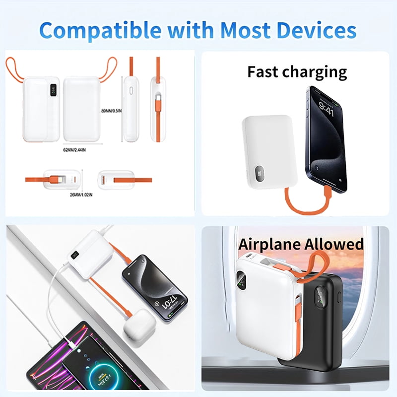 ShineFuture Power Bank 10000mAh 22.5V Fast Charging Battery Pack,With Type-C connector and Lightning connector charging cable，Supports charging of cell phones and mobile devices，White-1pc
