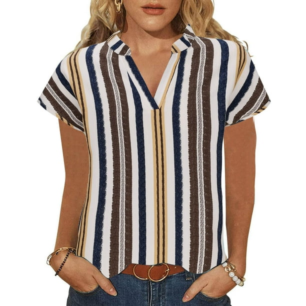 Camisetas de Manga Corta para las Mujeres Moda Casual Rayas Impreso Hombro a Mangas Cuello en V
