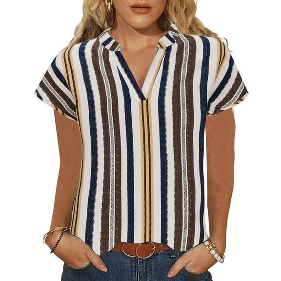Scyoekwg Womens Summer Short Sleeve Tops V Neck Elegant Shirts Comfy Lightweight Stripe Print Loose Blouses (Khaki,XL)