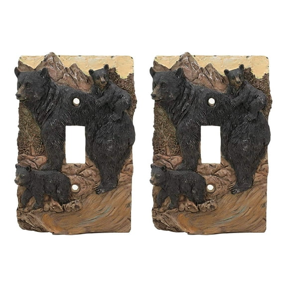Rustic Western Mountain Bear And Cubs Single Toggle Switch Plate Cover Set of 2