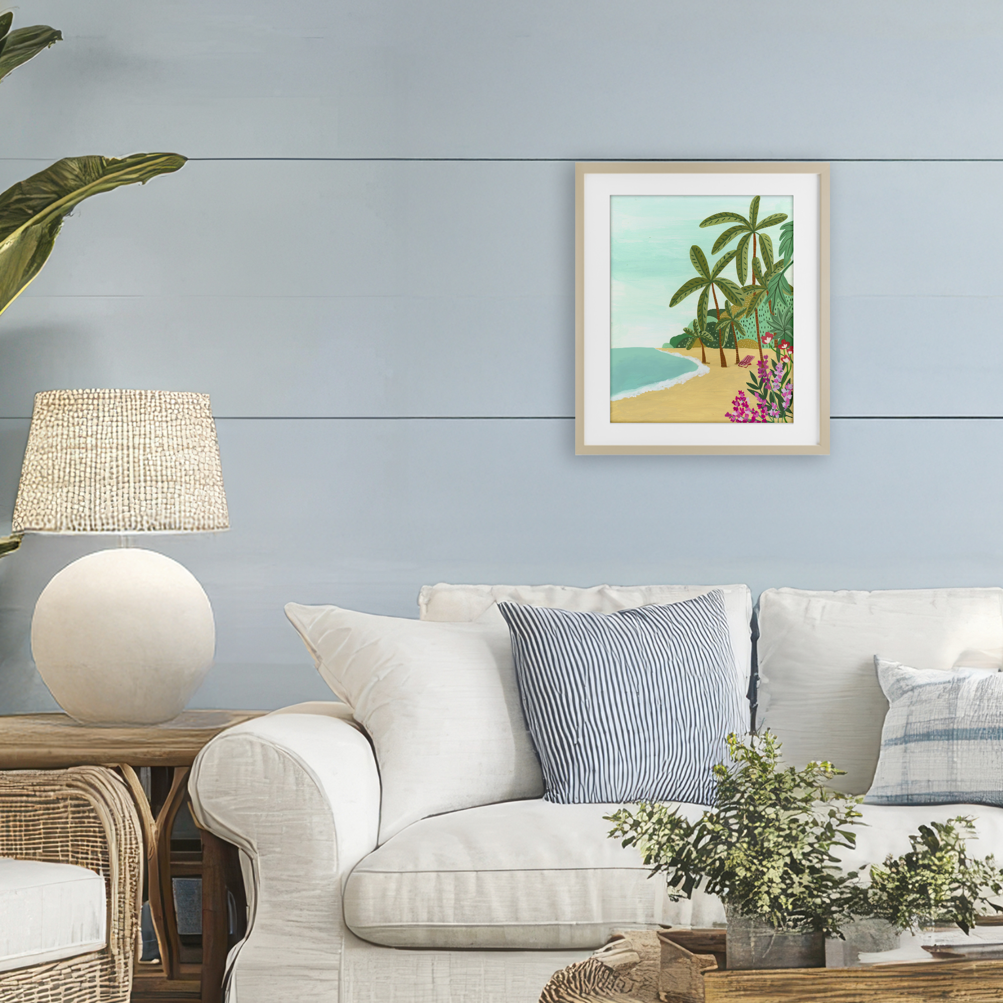 Palm Filled Shoreline Birch Framed Print Under Glass, design by Nabeela Rumi