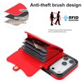 thumbnail image 3 of For iPhone 17 Pro Max RFID Blocking Protective Purse Wallet Case Magnetic Organ Style Flip Cover Multi-Card Slots Pocket With Detachable Shoulder Strap And Wrist Strap,Red,For iPhone 17 Pro Max, 3 of 8