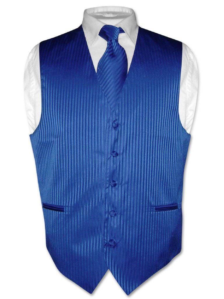 Vesuvio Napoli Mens Dress Vest & Necktie Navy Blue Color Woven Striped Design Neck Tie Set 
