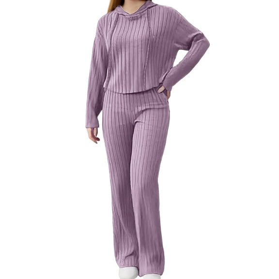 Fiaer,Womens Loose Fit Knit Hooded Sweatsuits Sets,Women's 2 Piece Sets for Drawstring Hoodies and Straight Leg Pants,Casual Trendy Breathable Tracksuits Sets for Women Purple XL