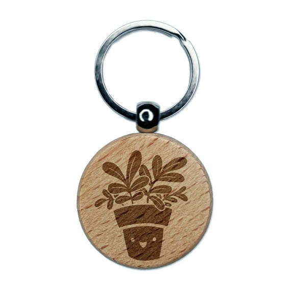 Happy Potted Plant Round Keychain Charm Tag - Engraved Wood