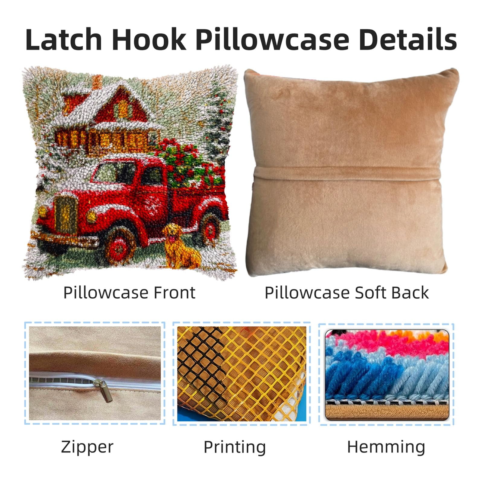 DIY Latch Hook Pillow Kits Red Truck with Christmas Trees Printed Pillowcase Crochet Yarns Hooking Handmade Pillow Cover Cushion for Home Sofa Decoration 17x17inch-2