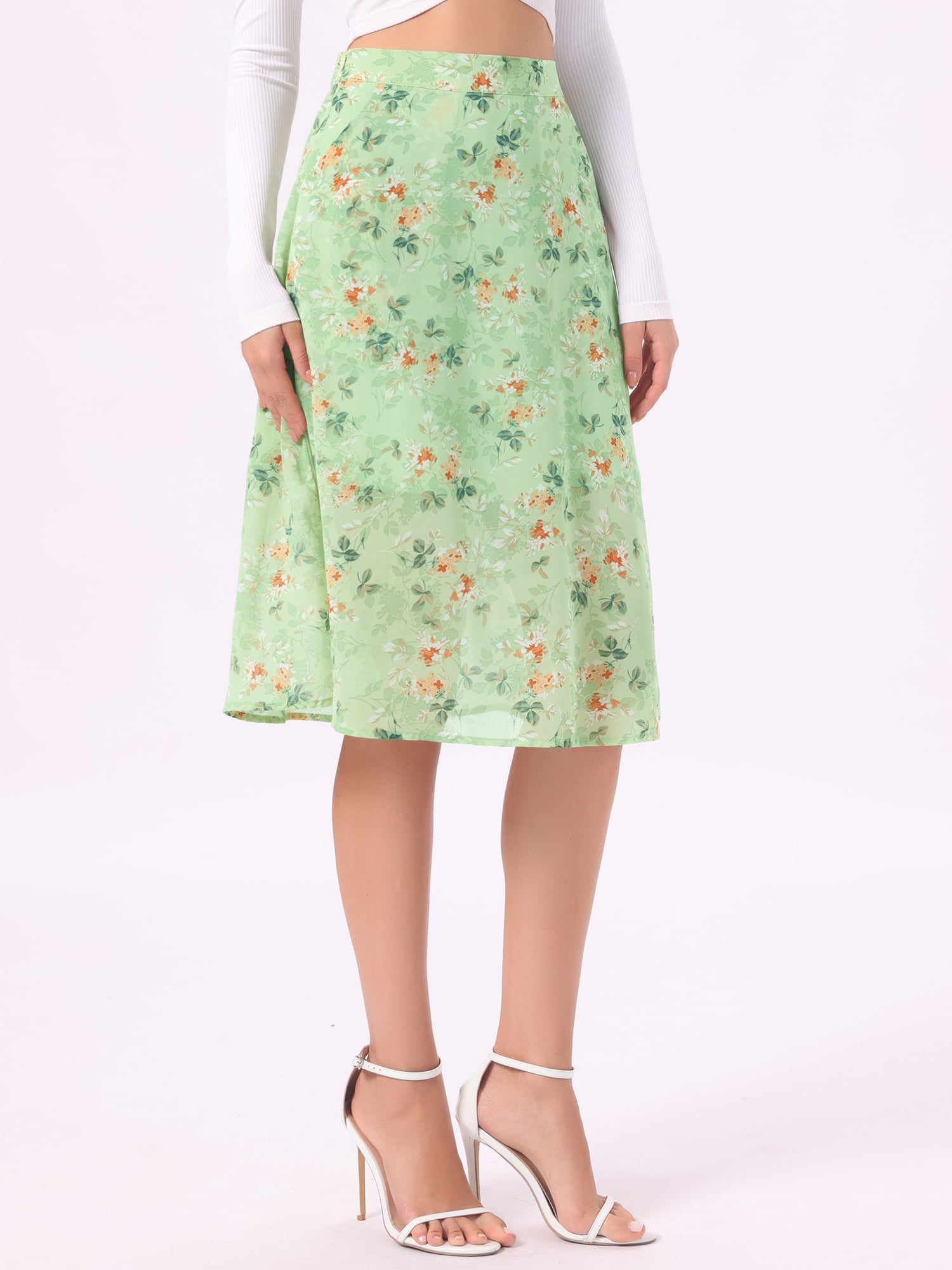 DARING DIVA Women's Floral Midi A-Line Chiffon High Waisted Skirt M Green Orange