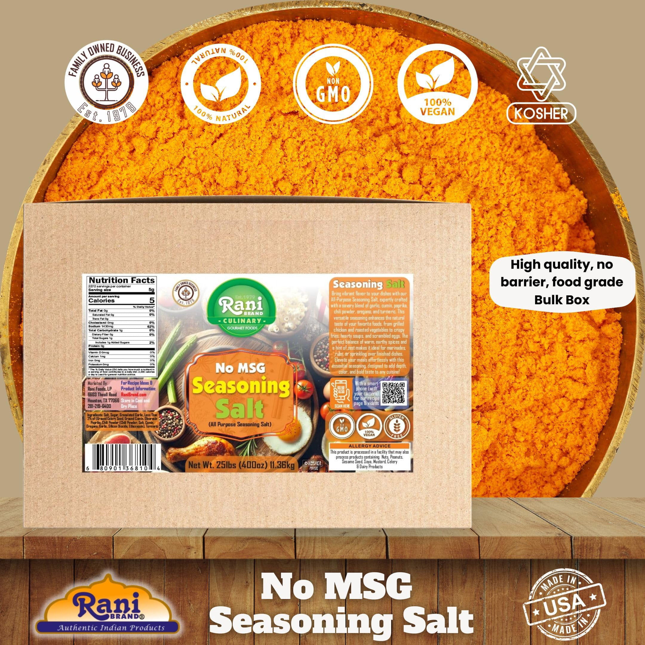 Rani No MSG Seasoning Salt (All Purpose Seasonign Salt) 400oz (25lbs) 11.36kg Bulk Box ~ All Natural | Gluten Friendly | NON-GMO | Kosher | Vegan