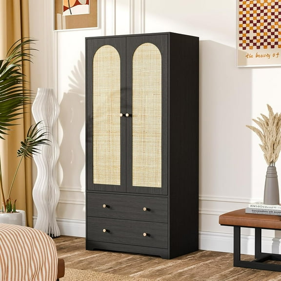 VINGLI Wardrobe Closet with Doors, Rattan Armoire Closet with Drawers & Hanging Rod, Armoire with Shelves