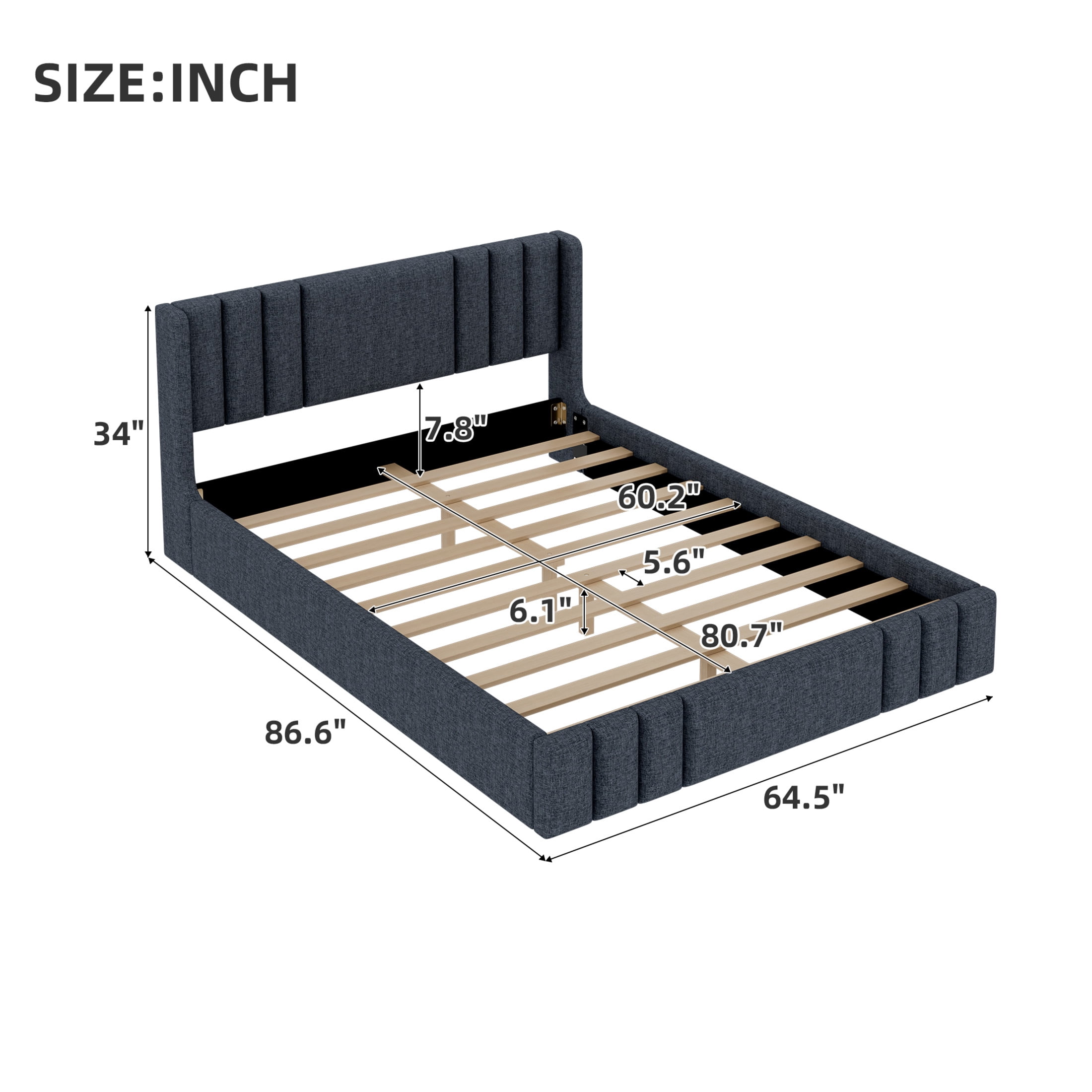 Noble House Arvion Queen Size Linen Upholstered Platform Bed Frame with Wingback Headboard and Center Support, Gray