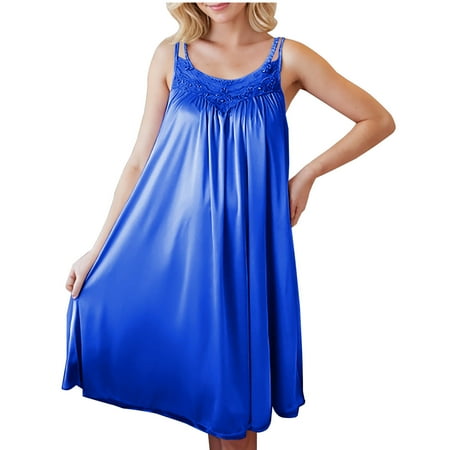 FAIWAD Women s Satin Nightgown Lace Embroidery Loose Sleeveless Flowy Pajamas Dress Summer Knee-Length Babydoll Sleepwear