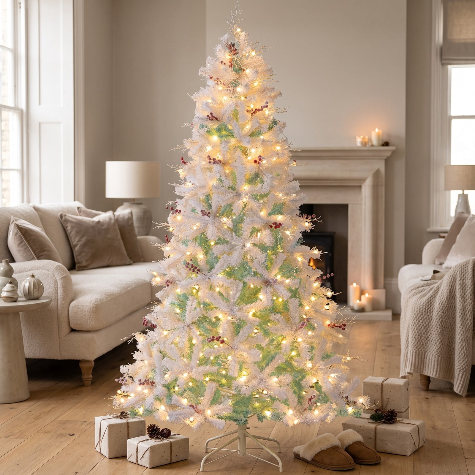 RUIE 7 FT Pre-Lit Artificial Christmas Tree with 350 Warm White LED Lights, Snow Flocked Branch Tips, Frosted Red Berries and Foldable Metal Base, White & Lake Blue
