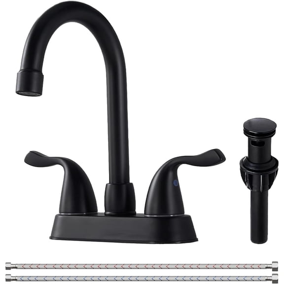 KINGO HOME 4 Inch Centerset Bathroom Faucet Matte Black, 3 Hole 2 Handle Bathroom Sink Faucet with Pop-Up Drain and Supply Hoses, 360° Swivel Spout