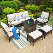 MF Studio 6-Piece Outdoor Patio Conversation Set with 32" Fire Pit Table, Fire Pit Set with Ottoman for 7 People, Black & Beige