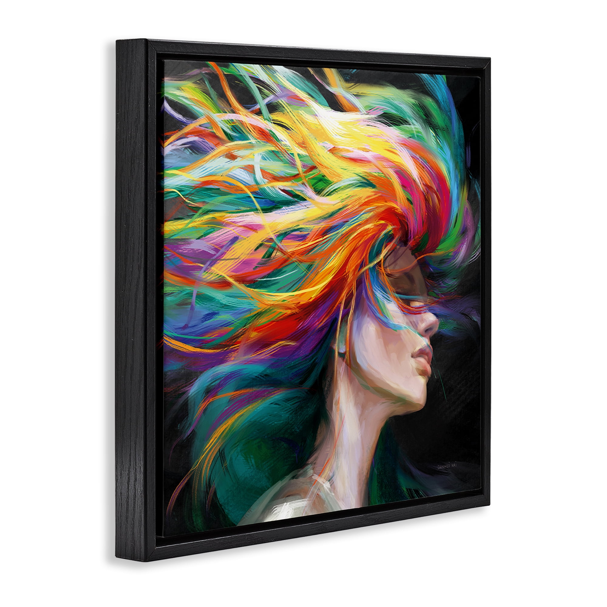 Stupell Industries Woman with Rainbow Hair People Painting Black Floater Framed Canvas Art Print Wall Art, 25 x 25