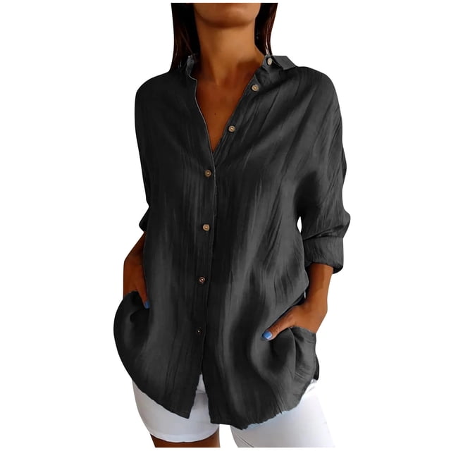 Timegard Plus Size Tops for Women Button down Shirts Long Sleeve Lapel V Neck Blouse Lightweight Tops