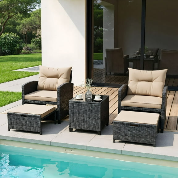 Resenkos Patio Furniture Sets,Outdoor & Patio Furniture Sets,5 Piece Patio Rattan Furniture with 2 Ottomans and Tempered Glass Coffee Table-Beige
