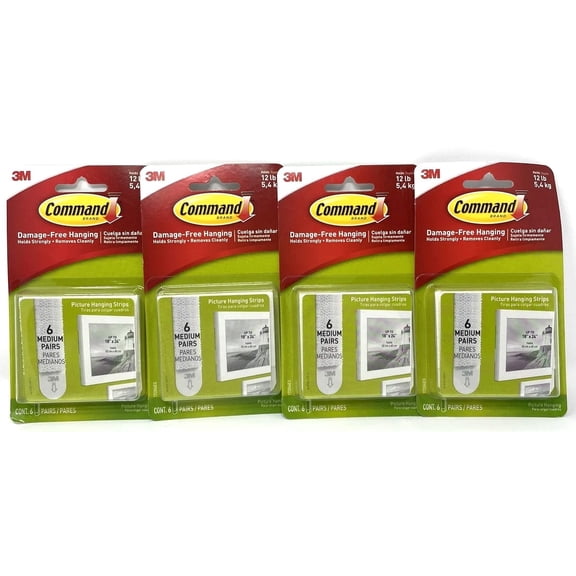 4 X Command 3M Picture Hanging Strips, 6 Medium Strips, White (6 PACKS OF 4= 24) MODEL # 17204ES
