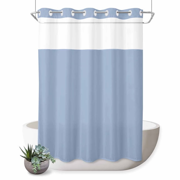 No Hook Shower Curtain, Pure Light Blue Shower Curtains for Bathroom with See Through Top Window, Simple Solid Color Waterproof & Washable Bath Curtain Extra Long 72"x96"