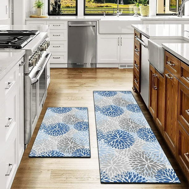 Blue AntiFatigue Kitchen Rugs Mat Dahlia Flowers NonSlip Cushioned Kitchen Floor Mats Modern