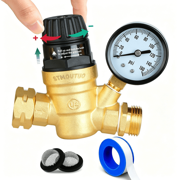 HIBIBUD Rv Water Pressure Regulator for Camper. Brass Lead-Free Adjustable Water Pressure Regulator with 0-160 Psi Gauge,Reducer Valve with Filter,Package Includes 1 Roll of Tape for Water Pipes