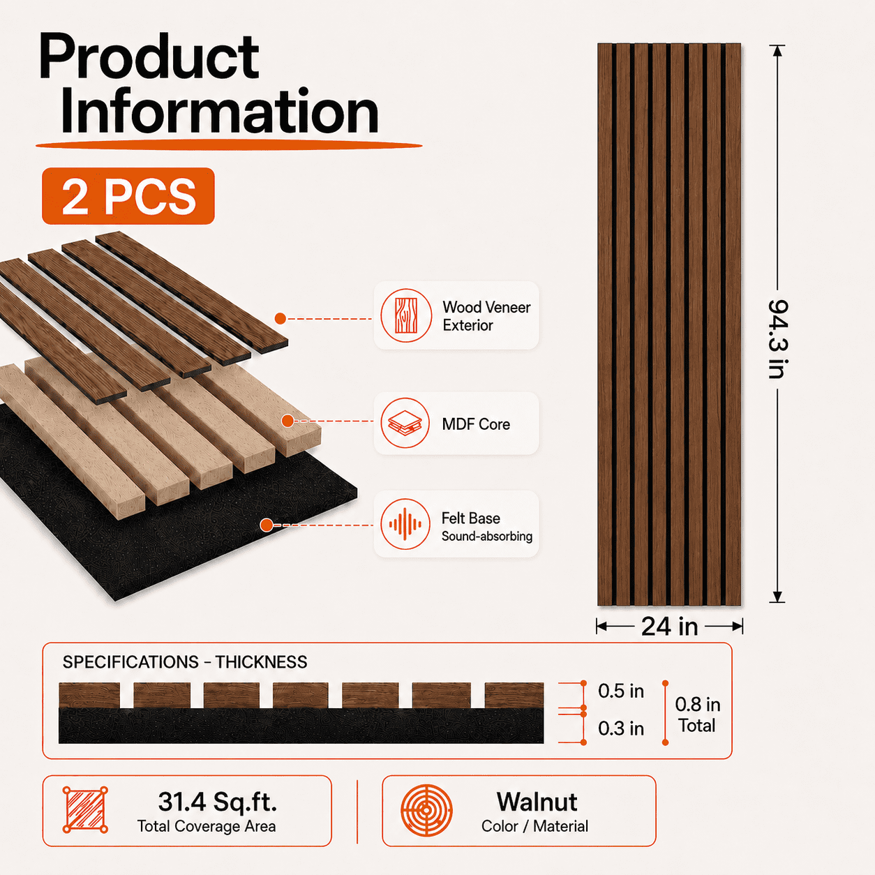 2-Pack Wood Slat Acoustic Wall Panels, 24" x 94.3" MDF Slat Wall Paneling for Modern Interior Wall Decor, Sound Absorbing Accent Panels, 31.4 Sq. Ft,Walnut