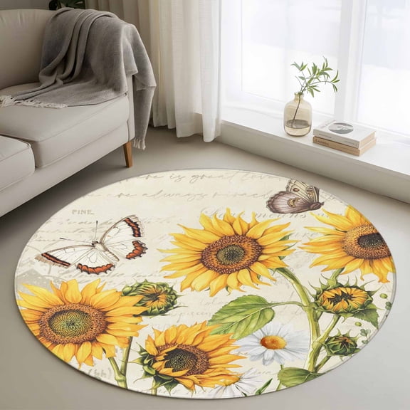 Round Rugs 4Ft, Farm Sunflowers Round Area Rug Washable Indoor Throw Carpet, Retro Flowers Butterfly Botanical Beige Soft Non Slip Circle Rug for Kitchen Nursery Room Home Decor Aesthetic