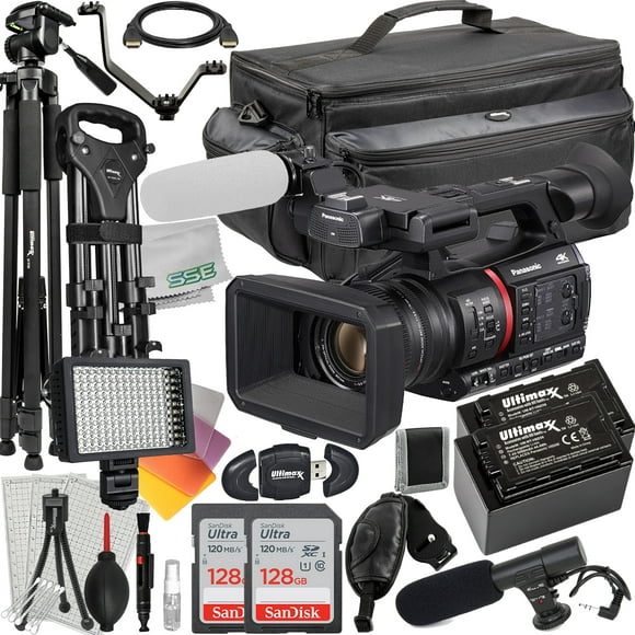 Panasonic AG-CX350 4K Camcorder with Deluxe Accessory Bundle: 2x SanDisk 128GB Ultra SDXC, 2x Spare Batteries, 160 LED Video Light, 80” Tripod/Monopod & Much More (30pc Bundle)