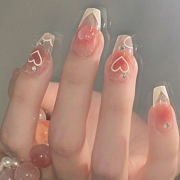 Uñas postizas con diseño de diamantes de imitación, manicura francesa brillante de Aurora, 24 piezas