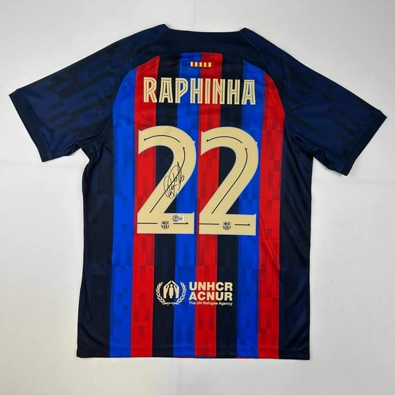 Autographed/Signed Raphinha Raphael Belloli FC Barcelona Blue Soccer Jersey Beckett BAS COA
