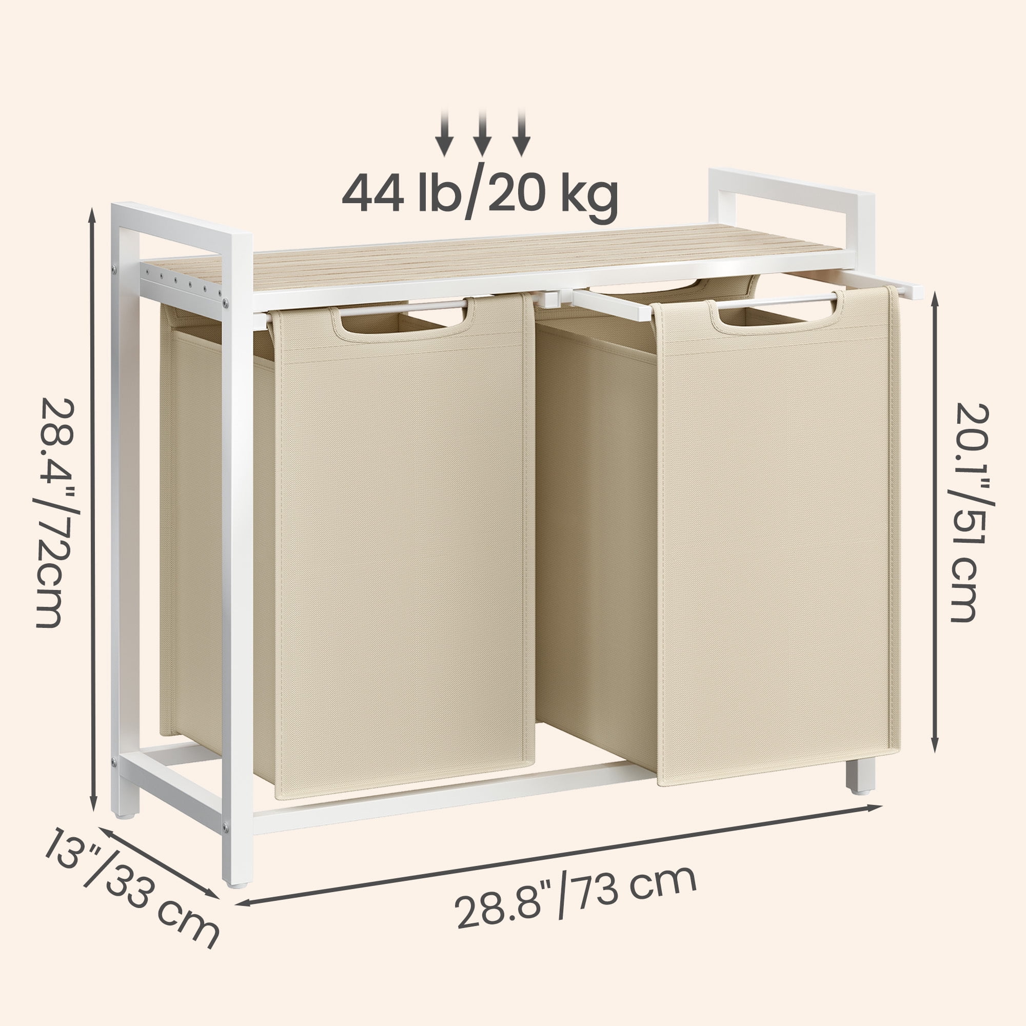 Ledrem Laundry Hamper with 2 Removable Bags, Sorting Basket, Shelf, Cappuccino Beige & Natural Beige
