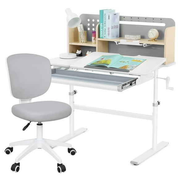 Adjustable Height Ergonomic Kids Study Desk & Chair Set Children Students Drafting Table Home School with Shelf,Drawer(Gray)