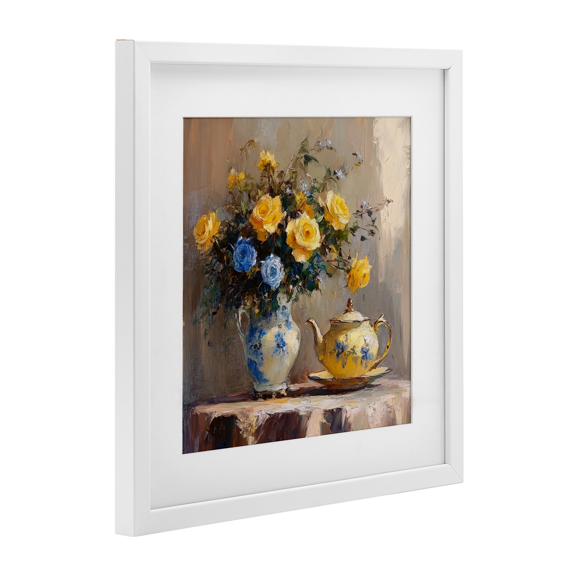 Stupell Industries Tea Time Blue & Yellow Bouquet White Framed Print Under Glass, design by Petal Prints Design