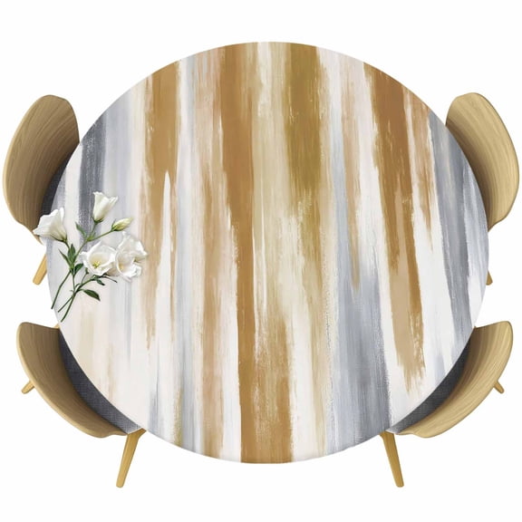 Brown Gray Round Tablecloth, Fitted Table Cover with Elastic for 55"-60" Round Tables, Vintage Abstract White Ombre Texture Table Cloth Outdoor Indoor Dinning Party Waterproof Tablecloths