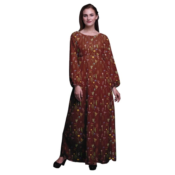 Bimba Polyester Georgette Wildflower & Leaves Print Women’s Long Elastic Waist Casual Summer Maxi Dress-X-Large