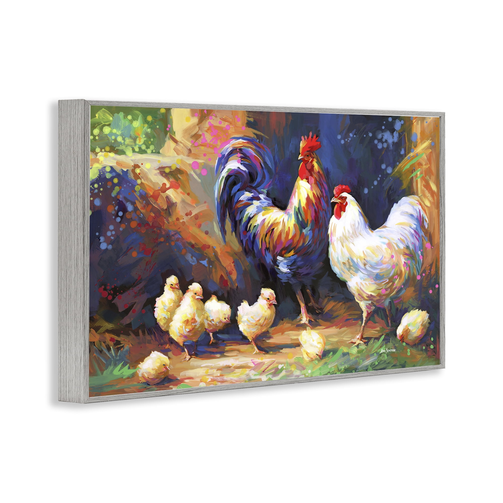 Stupell Industries Chicken Family Paint Splatter Animals & Insects Painting Gray Framed Art Print Wall Art, 30 x 20