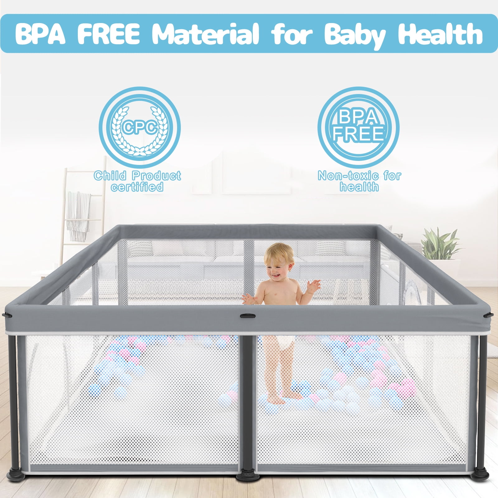 G TALECO GEAR Large Baby Playpen with Mat, Foldable Playpen for Babies and Toddlers, Portable Travel Play Yard, 50"x71", Gray