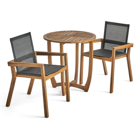 GDF Studio Otto Outdoor Mesh and Acacia Wood 3 Piece Bistro Set, Teak and Black