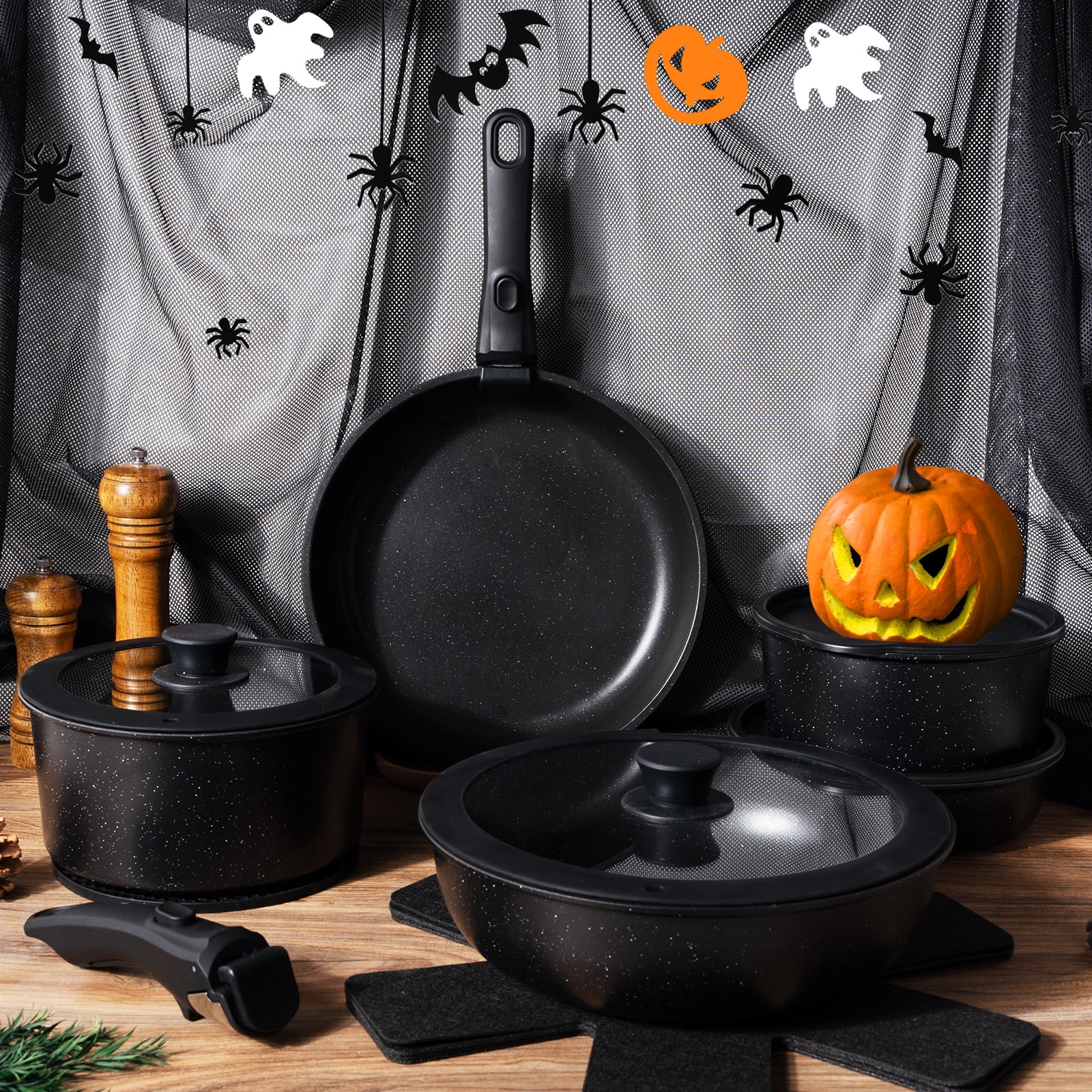 Kikcoin 19-Piece Nonstick Pots and Pans Set, Non-Toxic Coating Cookware Set with Removable Handles, Induction/Oven Safe(Black)