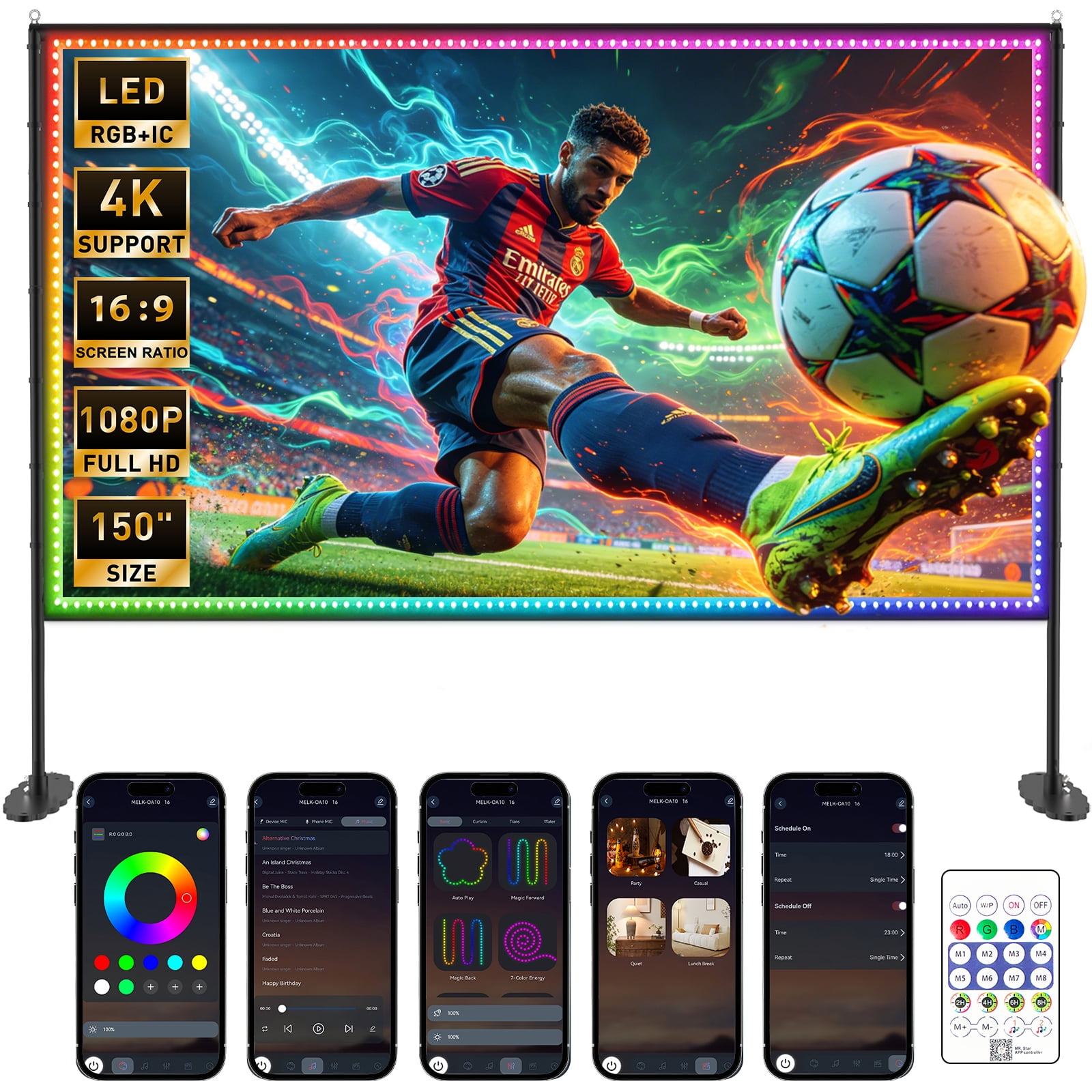 LED Projector Screen with Stand, 150 inch Indoor Outdoor Projection Screen, Portable 16:9 4K HD Rear Front Movie Screen with Carry Bag Wrinkle-Free Design for Home Theater Backyard Cinema