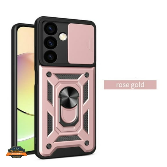 For Samsung Galaxy S25 Ultra Hybrid Shockproof, Built-in Sliding Camera Lens Protection with Magnetic Finger Ring Stand Holder Screen Cover by Xpression  - Rose Gold
