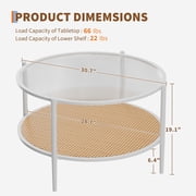 Studyset 30 Rattan Coffee Table,Round Water-Wave Glass Metal Center Table,2-Tier Round End Table with Storage,Modern Coffee Table,Farmhouse Circular Coffee Tables for Small Space,Living Room,Office