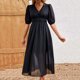thumbnail image 5 of Vestido de Verano de Manga Corta para Mujeres de Moda Cómodo Vestido de Cuello en V de Color Sólido, Poliéster, 5 of 8